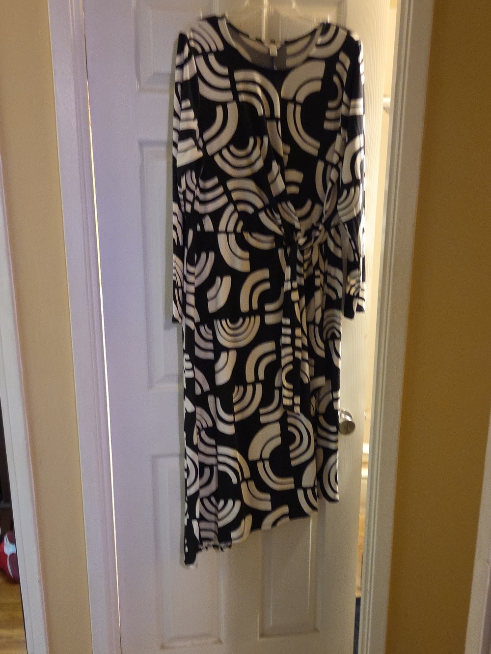 Cato Black and White Long Sleeve Geometric Wrap Dress